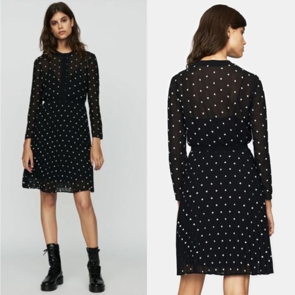 Maje Rivoli Micro Floral Embroidered Pleated Midi Dress Black Size 1 S Romantic